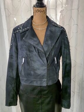 Stud-Trim Faux Leather Moto Jacket in Black
